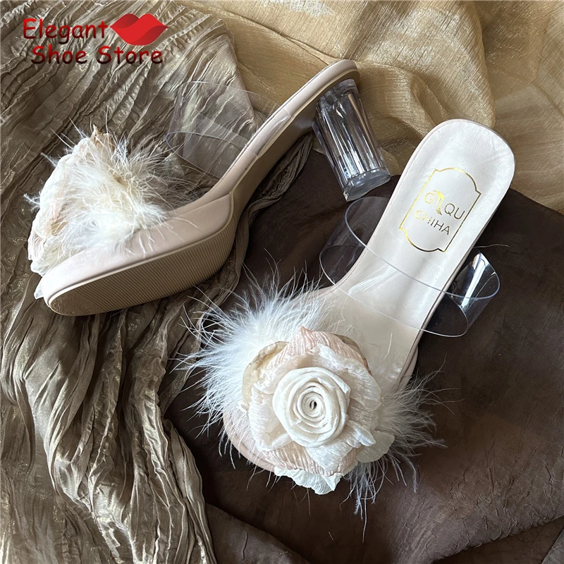 Elegant Women Rose Feather High Heels Sexy Transparent Strap Thick Heel Slippers Summer New Fairy Party Wedding Dress Shoes
Elegant Women Rose Feather High Heels Sexy Transparent Strap Thick Heel Slippers Summer New Fairy Party Wedding Dress Shoes