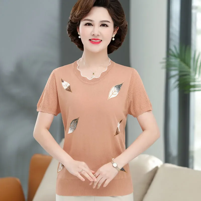 Women's Ice Silk Knit Top with Le Embroidery Scalloped Neck Short Sleeve Casual T-Shirt
Women's Ice Silk Knit Top with Le Embroidery Scalloped Neck Short Sleeve Casual T-Shirt