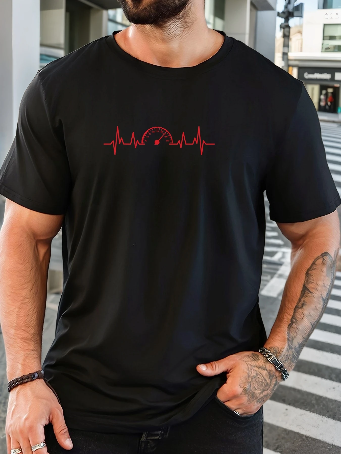Male heartbeat and speedometer pattern summer casual crew neck short T-shirt
Male heartbeat and speedometer pattern summer casual crew neck short T-shirt