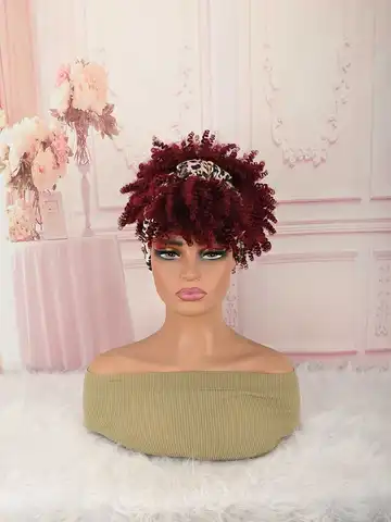 Wine Red Afro Puff Curly Headwrap Wig,Hairpiece for African American Women Low Maintenance Daily Wear Synthetic Wig