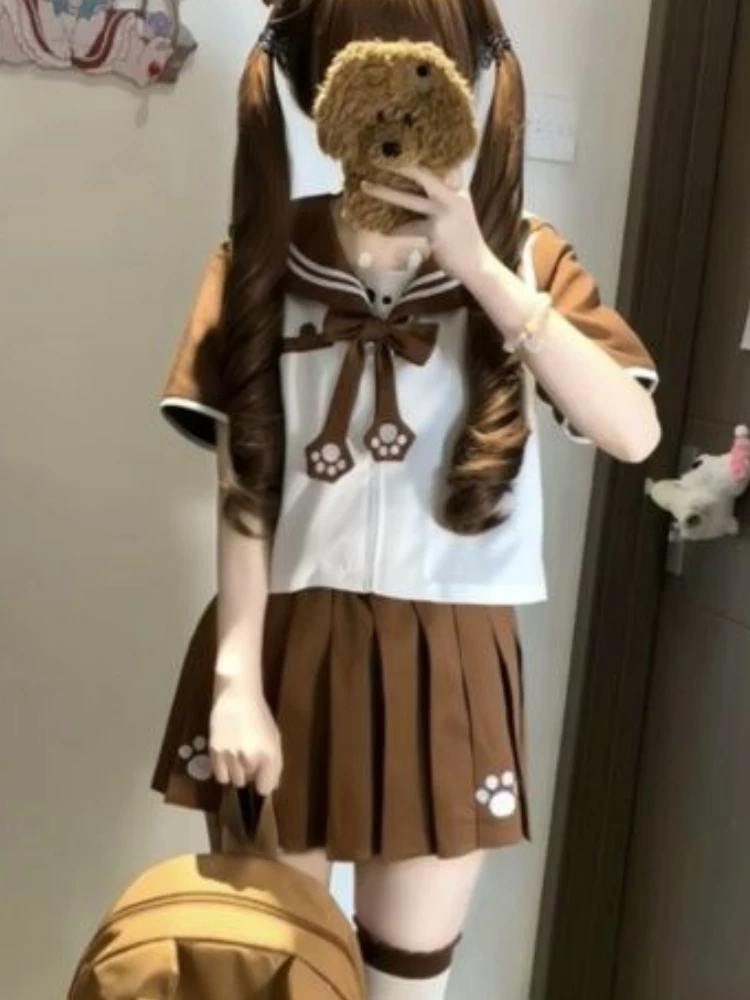 Women Sweet Two Piece Set Sailor Style Short Sleeve Blouse and Pleated Mini Skirt Paw Detail Slim Fit Japanese School Outfit New
Women Sweet Two Piece Set Sailor Style Short Sleeve Blouse and Pleated Mini Skirt Paw Detail Slim Fit Japanese School Outfit New