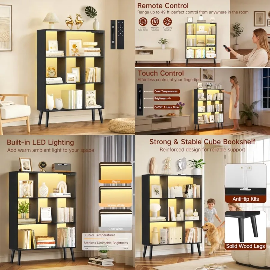 7-Cube Bookshelf with LED Lights, Touch and Remote Control, Freestanding Open Bookcase Storage Shelf, Dimmable Modern Wooden Di
7-Cube Bookshelf with LED Lights, Touch and Remote Control, Freestanding Open Bookcase Storage Shelf, Dimmable Modern Wooden Di