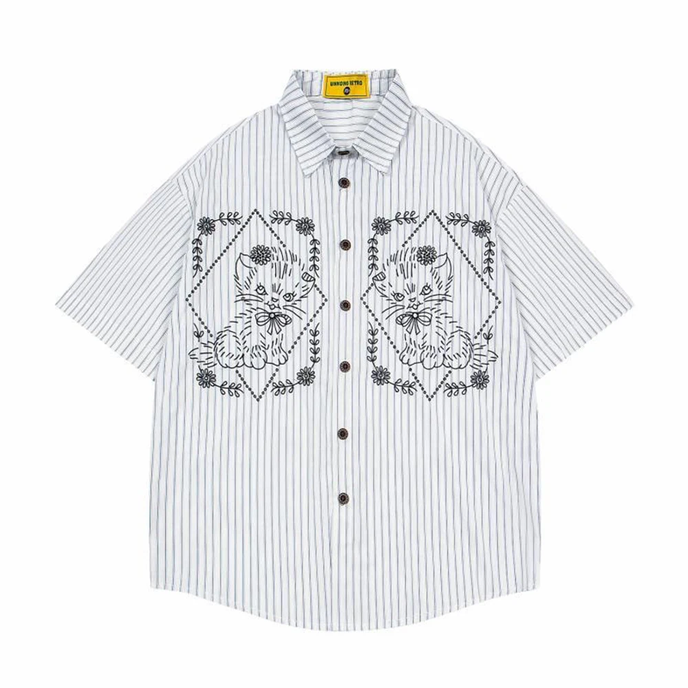 Summer Men's Cat Embroidered Vertical Striped Short-Sleeved Shirt Japanese Retro Casual Fashion Trend Street Loose Niche Men Top
Summer Men's Cat Embroidered Vertical Striped Short-Sleeved Shirt Japanese Retro Casual Fashion Trend Street Loose Niche Men Top