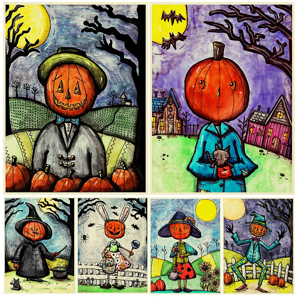 Festive Clown Pumpkin Man Vintage Wall Art Canvas Painting Whimsical Halloween Folk Art Poster And Print Home Decor Unframed 
Festive Clown Pumpkin Man Vintage Wall Art Canvas Painting Whimsical Halloween Folk Art Poster And Print Home Decor Unframed
