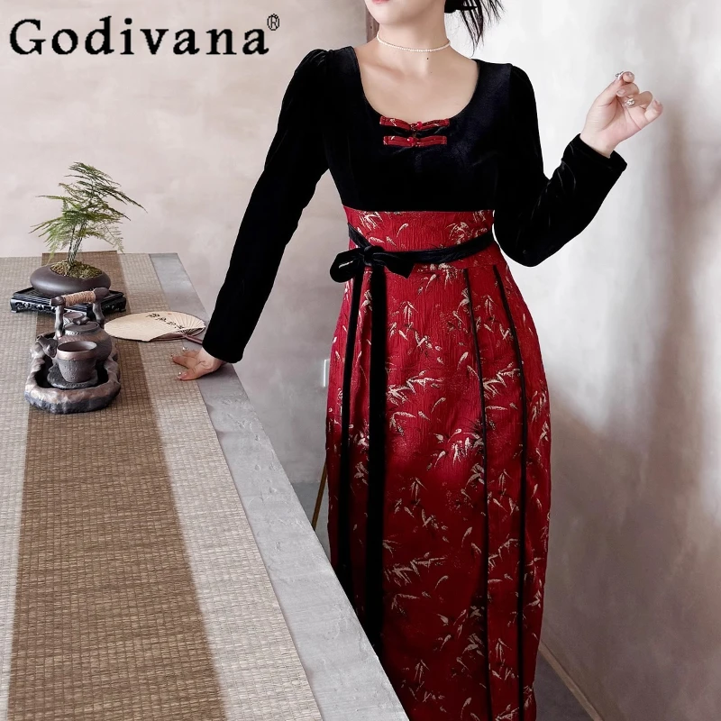 L-4XL Large Size Improved Hanfu Spring Autumn Square Neck Long Sleeve Splicing Velvet Fake Two-pieces New Chinese Long Dress
L-4XL Large Size Improved Hanfu Spring Autumn Square Neck Long Sleeve Splicing Velvet Fake Two-pieces New Chinese Long Dress