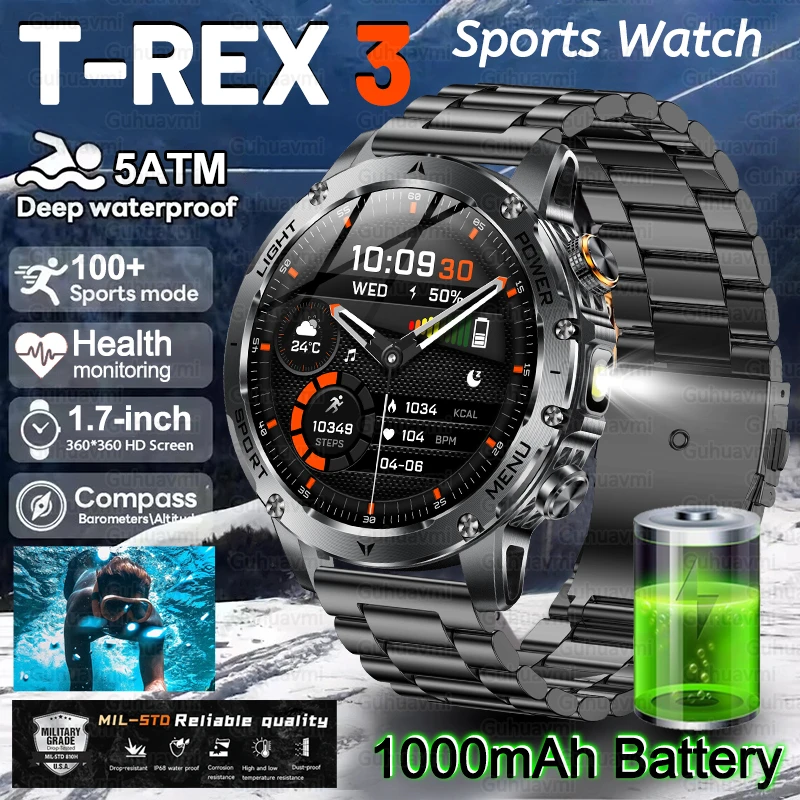 New Military Outdoor T-Rex3 Ultra SmartWatch Men 5ATM Waterproof 1000mAh Large Battery GPS Motion Track BT Call Sports Watches 
New Military Outdoor T-Rex3 Ultra SmartWatch Men 5ATM Waterproof 1000mAh Large Battery GPS Motion Track BT Call Sports Watches