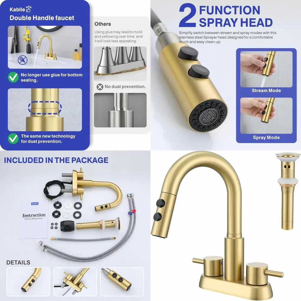 3-Hole Brushed Gold 4 Dual Handle Centerset Laundry Sink Faucet with Pull-Out Spray and Pop-Up Drain
3-Hole Brushed Gold 4 Dual Handle Centerset Laundry Sink Faucet with Pull-Out Spray and Pop-Up Drain