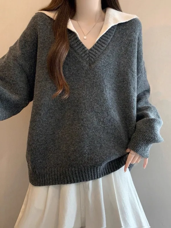 Gray Knitted Sweater Women's Loose Fit V-Neck Lazy Style Top Shoulder-Length Sleeve Winter Fashion Casual Comfortable Size plus
Gray Knitted Sweater Women's Loose Fit V-Neck Lazy Style Top Shoulder-Length Sleeve Winter Fashion Casual Comfortable Size plus