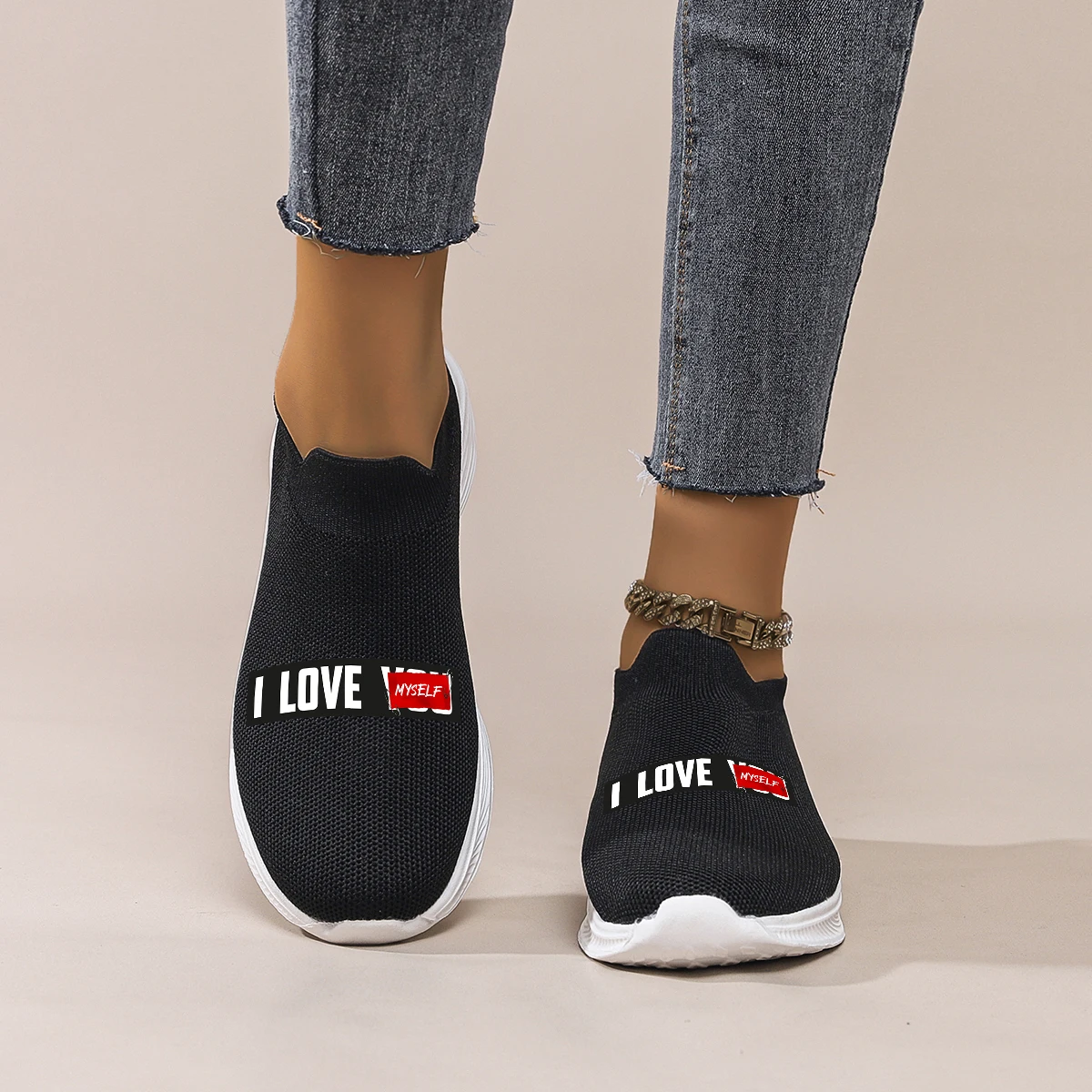 Women's Black Slip-On Sneakers: Breathable Mesh Fabric with 'I LOVE' Print. Lightweight for Daily Casual Wear & Easy Matching.
Women's Black Slip-On Sneakers: Breathable Mesh Fabric with 'I LOVE' Print. Lightweight for Daily Casual Wear & Easy Matching.