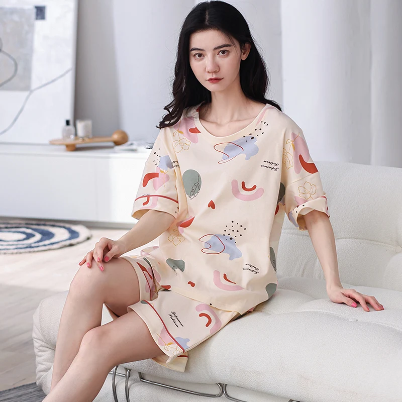 Summer 100%Cotton Women Pajamas Set Cute Cartoon Female Sleepwear Short Sleeve Round Neck Casual Soft Femme Homewear M-XXL
Summer 100%Cotton Women Pajamas Set Cute Cartoon Female Sleepwear Short Sleeve Round Neck Casual Soft Femme Homewear M-XXL