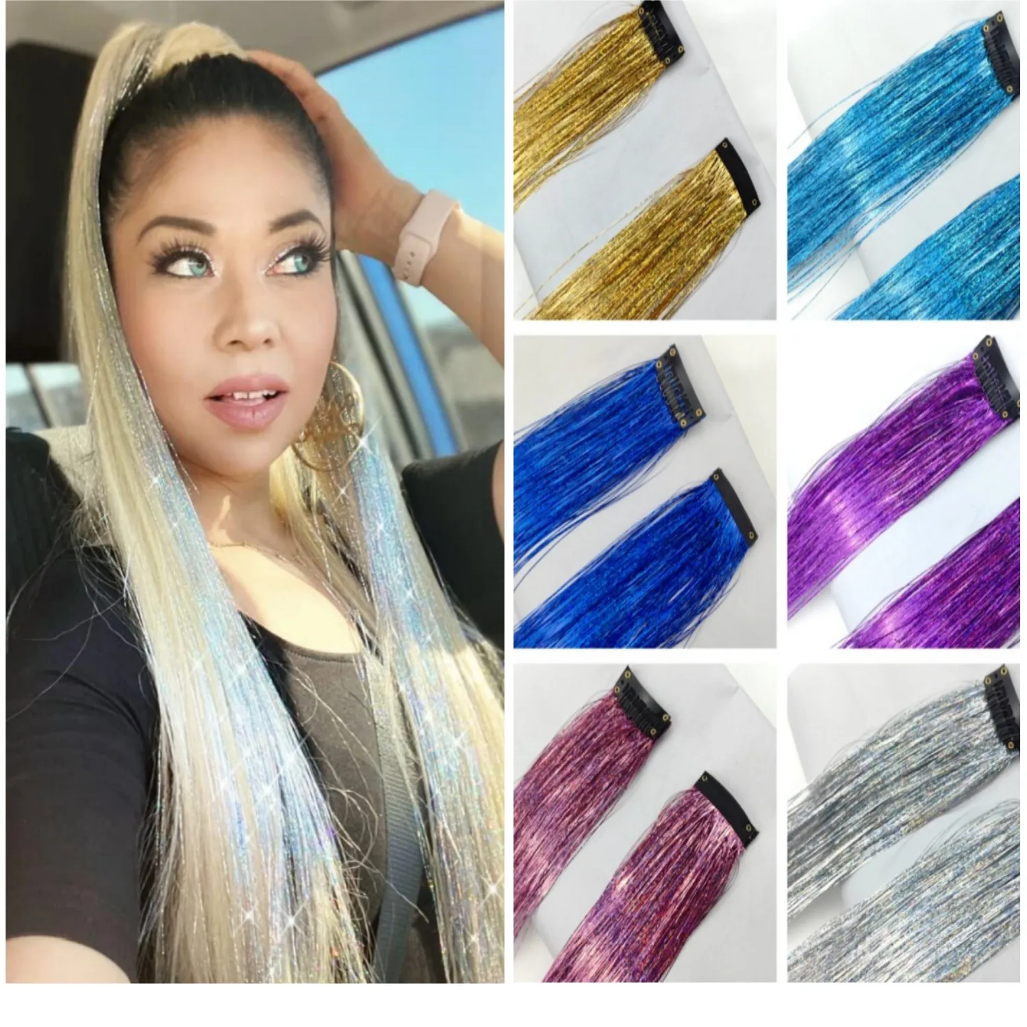 Fairy Tinsel Clip in Hair Extensions Synthetic Hair Piece 20 Inch Shiny Strands for Girls Cosplay Highlight Clip-on Hair Tinsel
Fairy Tinsel Clip in Hair Extensions Synthetic Hair Piece 20 Inch Shiny Strands for Girls Cosplay Highlight Clip-on Hair Tinsel