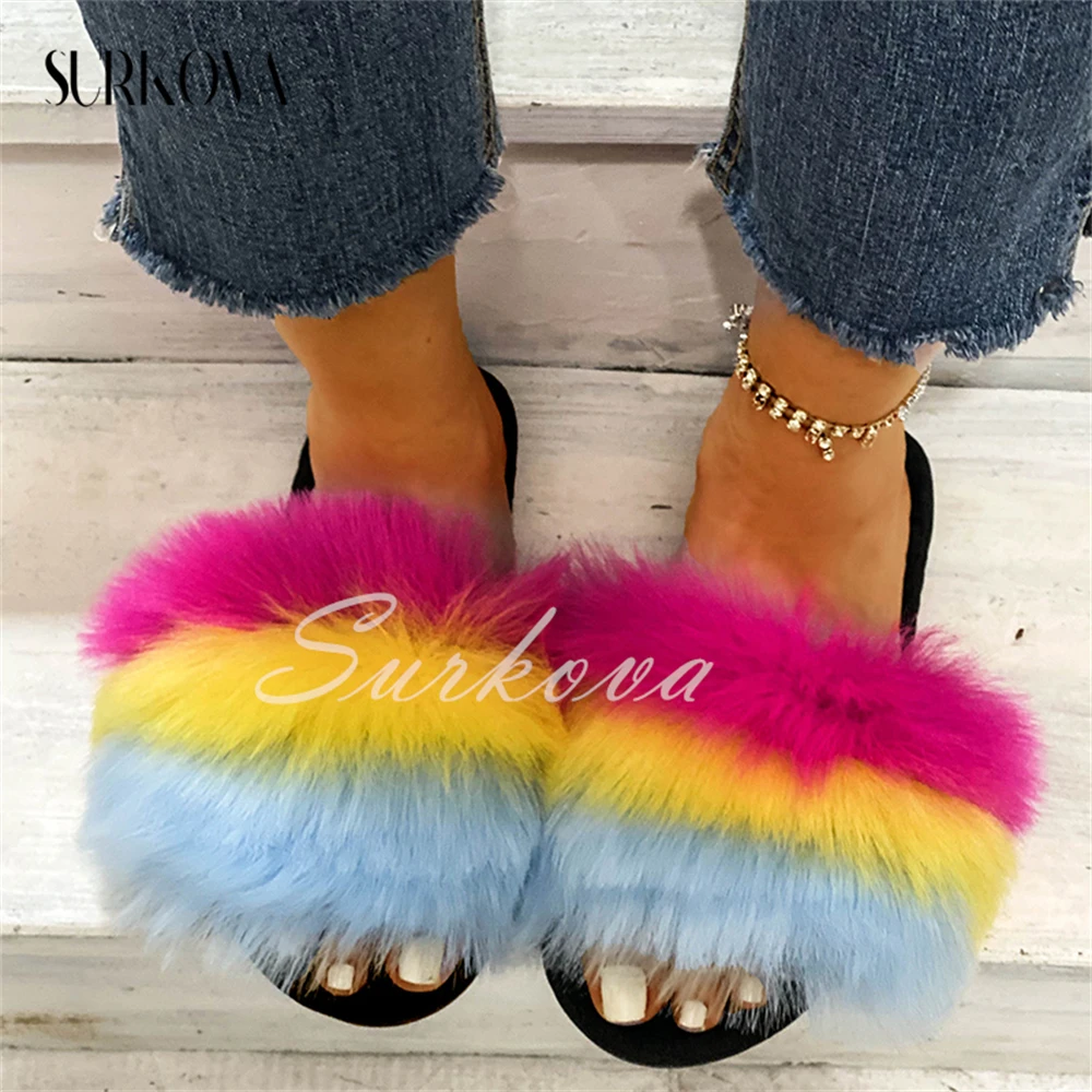 Iridescent Fox Fur Slippers Women's Summer Fashion All-Match Outerwear Sandals and Slippers Flat Home Flip-Flops Women Shoes New
Iridescent Fox Fur Slippers Women's Summer Fashion All-Match Outerwear Sandals and Slippers Flat Home Flip-Flops Women Shoes New