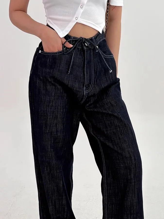Chic Retro Washed High Waist Drawstring Slimming Straight Leg Casual Long Jeans Women's Denim Pants with Bright Stitching
Chic Retro Washed High Waist Drawstring Slimming Straight Leg Casual Long Jeans Women's Denim Pants with Bright Stitching