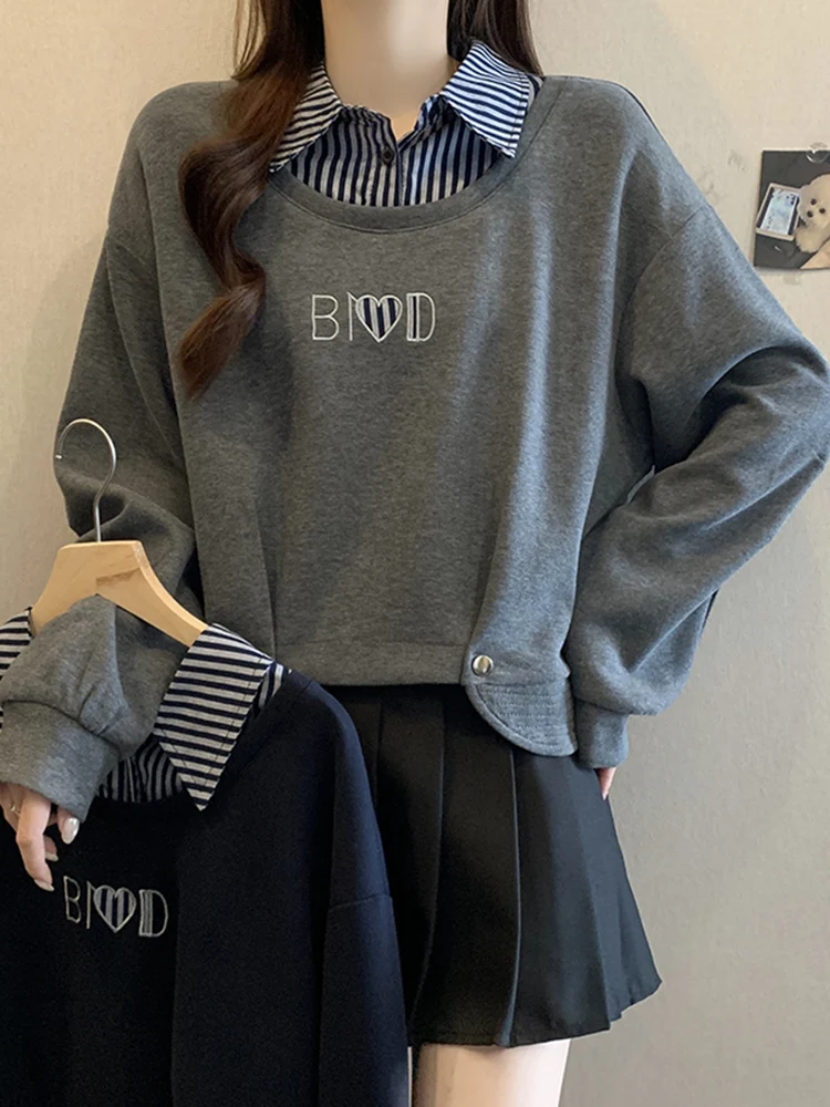 Loose Fit Casual Sle Letter Embroidery ort Sweatirt Women's irt Collar Two-Piece Look Faionable Autumn Winter Top
Loose Fit Casual Sle Letter Embroidery ort Sweatirt Women's irt Collar Two-Piece Look Faionable Autumn Winter Top