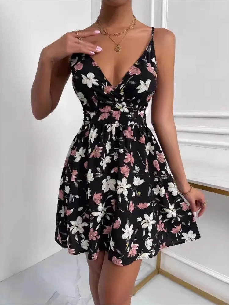 Women's Dress Spaghetti Strap Sleeveless V-neck Floral Print Waist-closing Dresses Female Fashion Elegant Sexy Ladies Dress 2025
Women's Dress Spaghetti Strap Sleeveless V-neck Floral Print Waist-closing Dresses Female Fashion Elegant Sexy Ladies Dress 2025