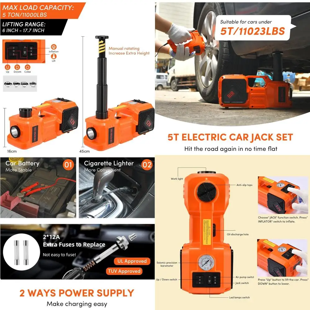 Portable 12V Electric Car Jack Kit, 5-Ton Capacity, with Impact Wrench and Tire Inflator for SUVs and Sedans, 6-17.7 Inch Lift H
Portable 12V Electric Car Jack Kit, 5-Ton Capacity, with Impact Wrench and Tire Inflator for SUVs and Sedans, 6-17.7 Inch Lift H