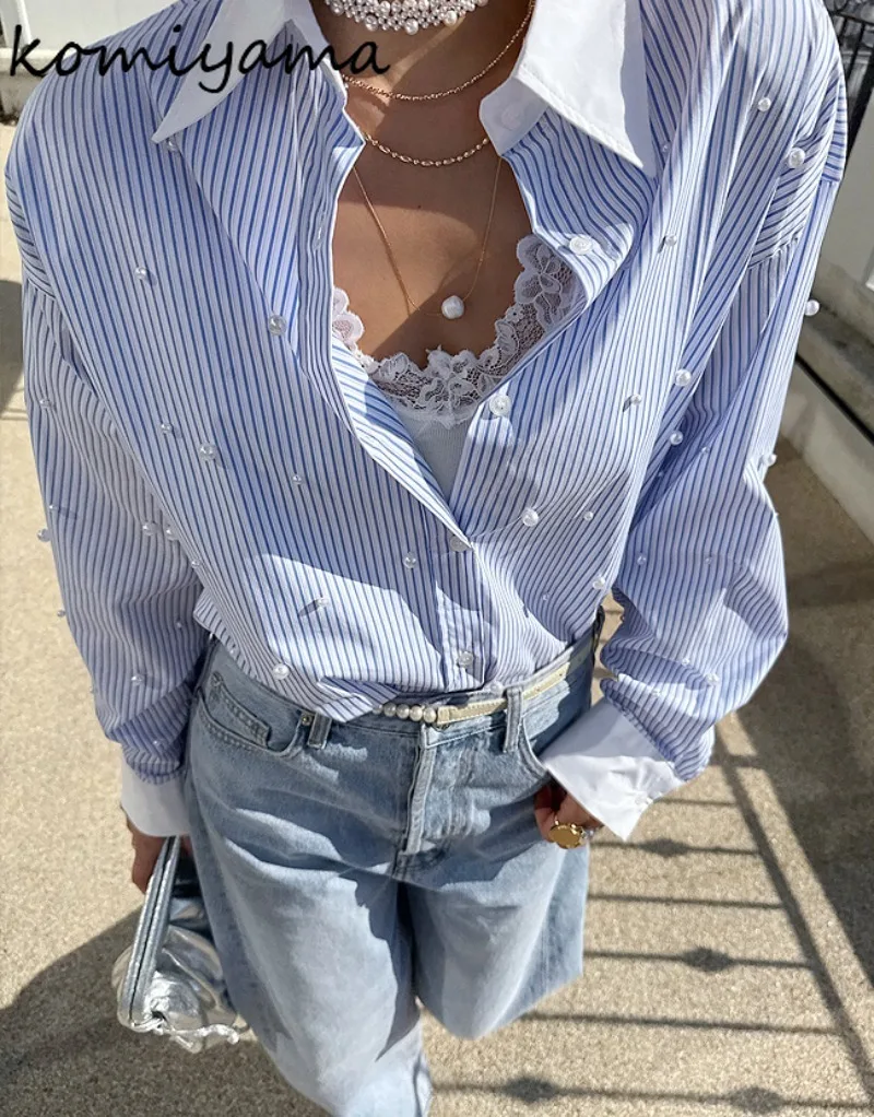 Полосатые бусины Blusas Mujer, рубашки и блузки с контрастным лацканом и воротником, женская одежда с длинными рукавами, корейские свободные майки Lazy Ropa
Полосатые бусины Blusas Mujer, рубашки и блузки с контрастным лацканом и воротником, женская одежда с длинными рукавами, корейские свободные майки Lazy Ropa