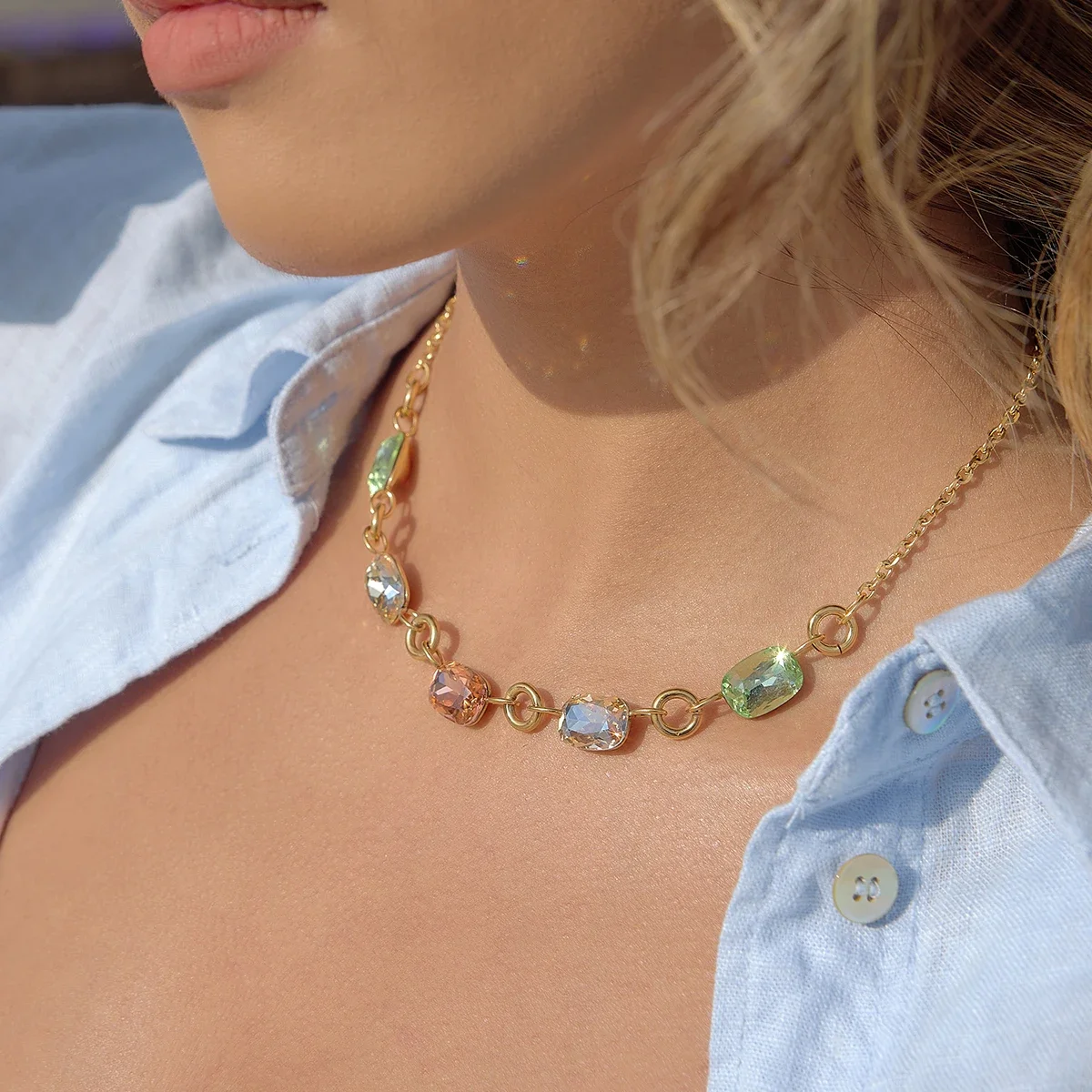 Summer Delicate Geometric Colored Rhinestone Chain Necklace For Women 18K PVD Gold Plated Stainless Steel Necklaces Gifts
Summer Delicate Geometric Colored Rhinestone Chain Necklace For Women 18K PVD Gold Plated Stainless Steel Necklaces Gifts