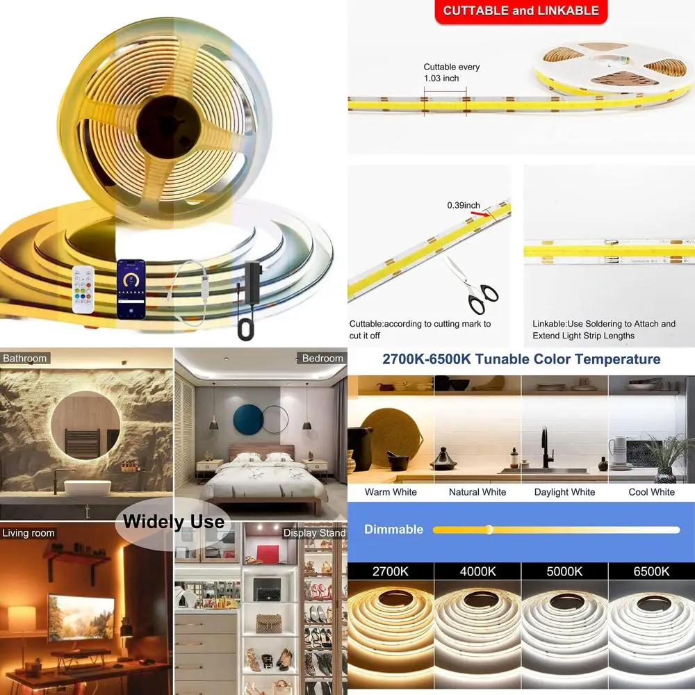 32.8ft Tunable White LED Strip Light, 608 LEDs/m, CRI90+, Bluetooth Control, Dimmable for Home and Office
32.8ft Tunable White LED Strip Light, 608 LEDs/m, CRI90+, Bluetooth Control, Dimmable for Home and Office