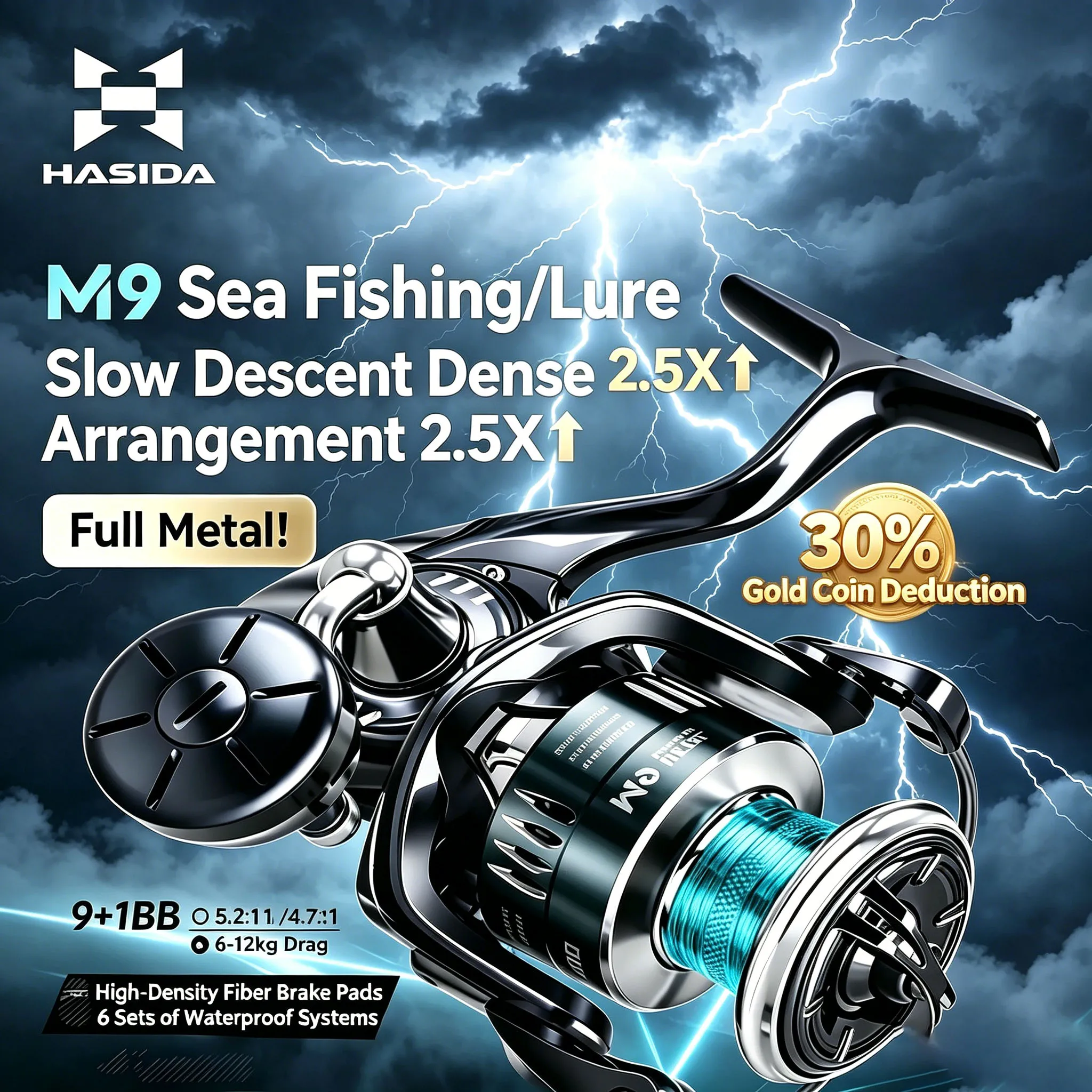 HASIDA M9 Full Metal Sea Spinning Reel 12kg Max Drag Slow Descent Dense 6 Sets Waterproof System Professional for Saltwater
HASIDA M9 Full Metal Sea Spinning Reel 12kg Max Drag Slow Descent Dense 6 Sets Waterproof System Professional for Saltwater