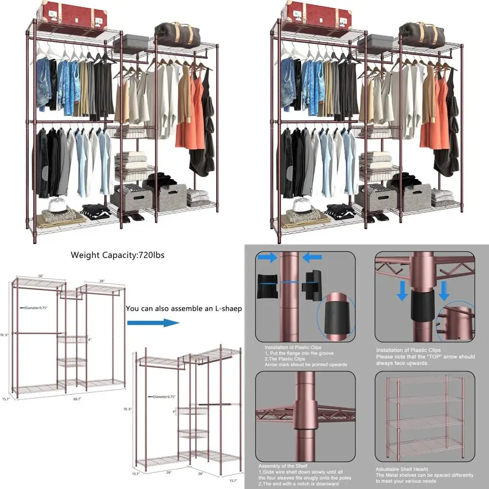 Heavy-Duty 6-Tier Garment Rack with Adjustable Shelf and Baskets, Bronze, Holds 720lbs
Heavy-Duty 6-Tier Garment Rack with Adjustable Shelf and Baskets, Bronze, Holds 720lbs