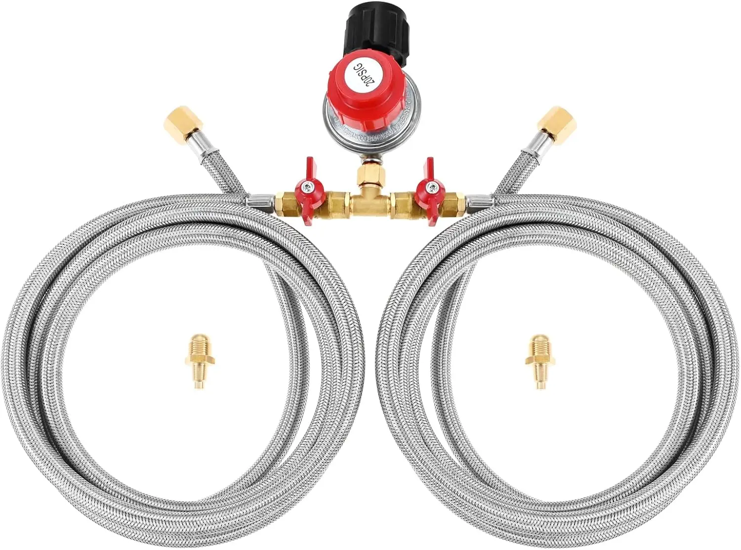 0-20 PSI Adjustable Propane Regulator with Hose 8FT Y Splitter Double Braided Hose with 1/8" MNPT Pipe Fitting for Cooker
0-20 PSI Adjustable Propane Regulator with Hose 8FT Y Splitter Double Braided Hose with 1/8" MNPT Pipe Fitting for Cooker