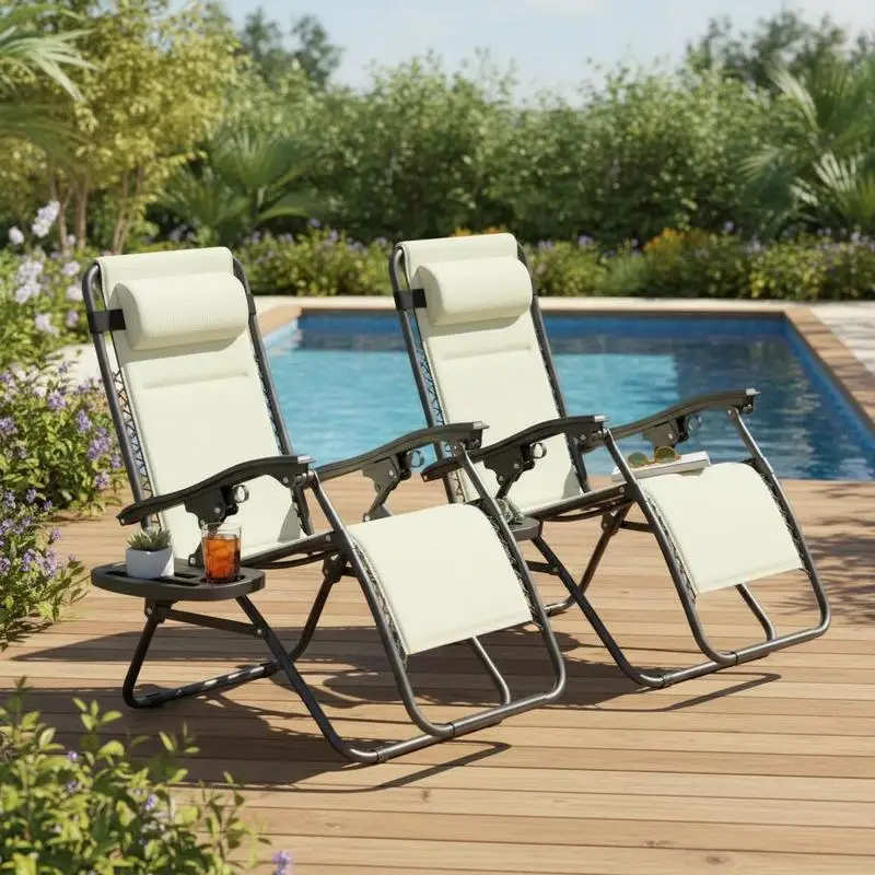 Zero Gravity Lounge Chair Set, 2 Pieces Reclining Folding Outdoor Lounge Chairs with Headrest Side Tray, Cream
Zero Gravity Lounge Chair Set, 2 Pieces Reclining Folding Outdoor Lounge Chairs with Headrest Side Tray, Cream