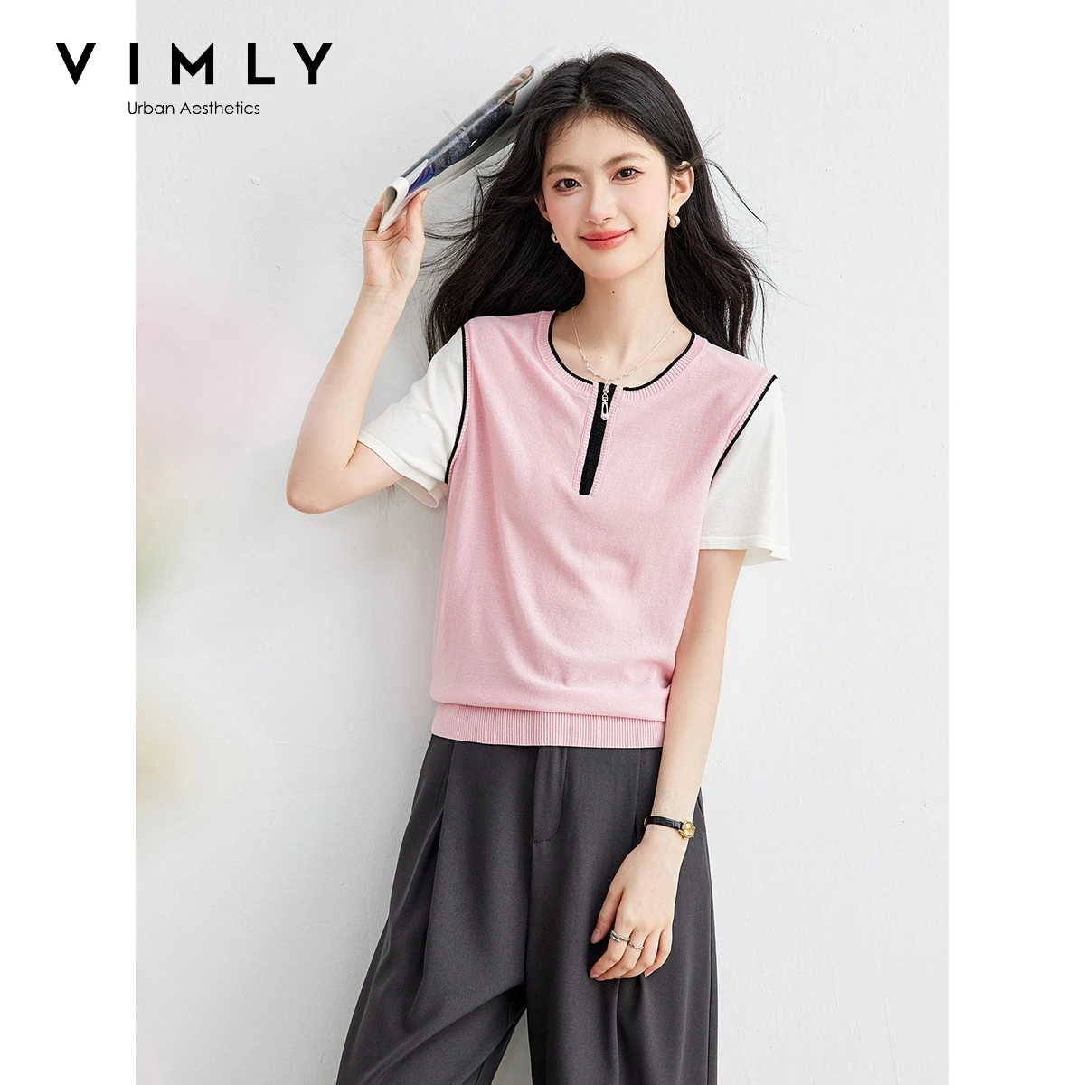 VIMLY Women's Pink Round Neck Knitted T-shirt 2026 Summer New Contrasting Color Splicing Short Sleeve Tee Casual Style 75380
VIMLY Women's Pink Round Neck Knitted T-shirt 2026 Summer New Contrasting Color Splicing Short Sleeve Tee Casual Style 75380