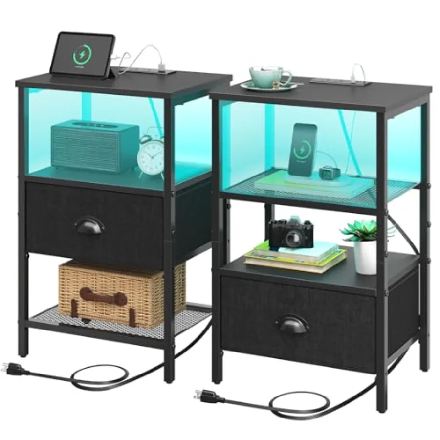 Nightstands Set of 2 LED Bedside Tables with Charging Station and Fabric Drawer Black Night Stand with Storage 3 Tier Si
Nightstands Set of 2 LED Bedside Tables with Charging Station and Fabric Drawer Black Night Stand with Storage 3 Tier Si