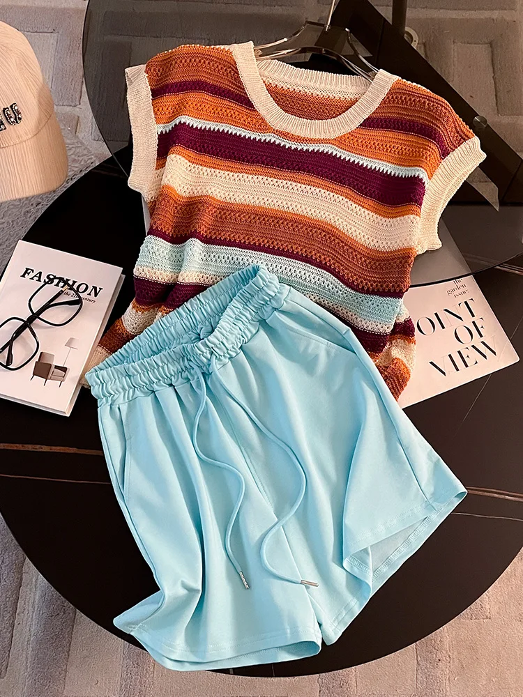 Summer Casual Fashion Ice Silk Knitted Short Sleeve Top And Blue Shorts Two Piece Set Lightweight Comfortable Women's Ensemble
Summer Casual Fashion Ice Silk Knitted Short Sleeve Top And Blue Shorts Two Piece Set Lightweight Comfortable Women's Ensemble