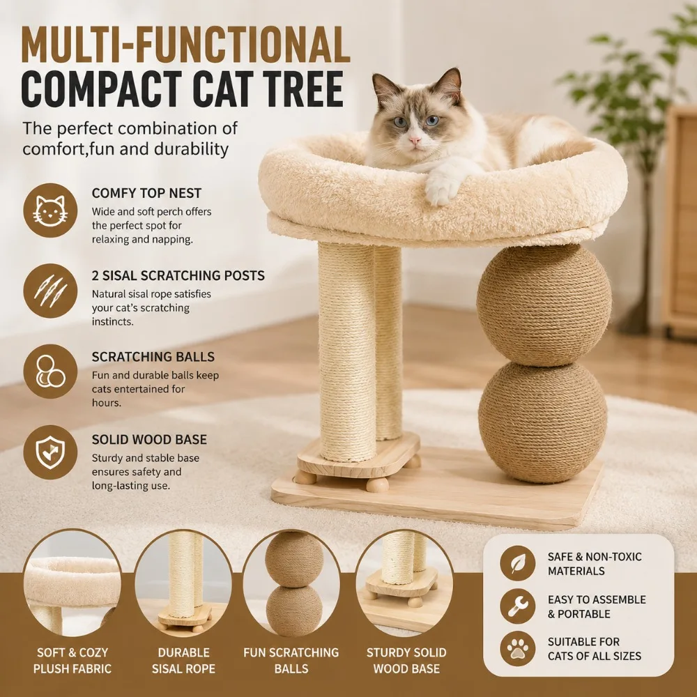 Multi-Functional Compact Cat Tree Non-Slip Portable Cats Tower with 2 Sisal Scratching Posts/ Wide Cat-Nest at Top
Multi-Functional Compact Cat Tree Non-Slip Portable Cats Tower with 2 Sisal Scratching Posts/ Wide Cat-Nest at Top