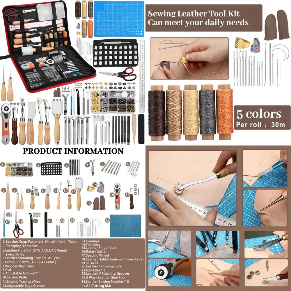 Leather Crafting Kit with Snap Rivet Tools, Stamping, Stitching Groover, Waxed Thread, Punch for Professional Leatherworking
Leather Crafting Kit with Snap Rivet Tools, Stamping, Stitching Groover, Waxed Thread, Punch for Professional Leatherworking