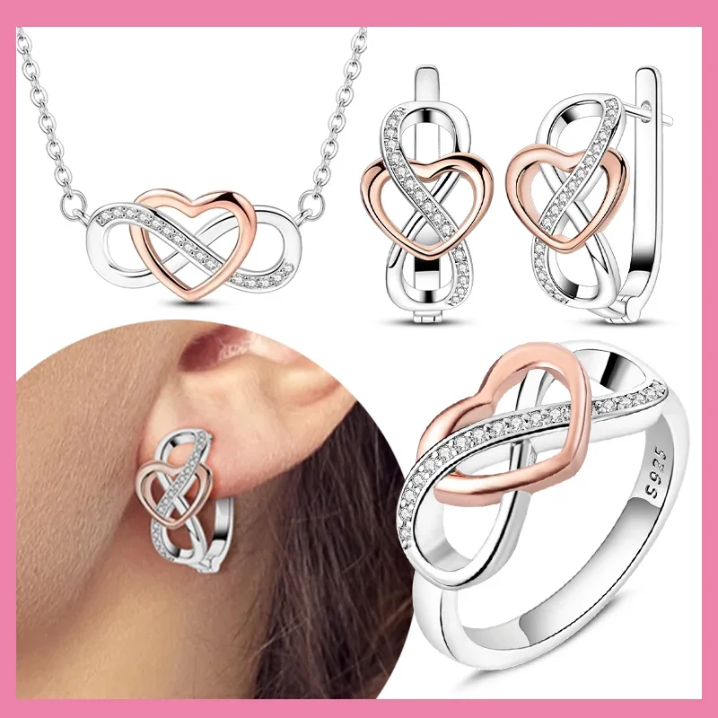 925 Sterling Silver Rose Gold Color Infinity Forever Love Jewelry Sets Necklace Earrings Rings for Women Romantic Jewelry Gifts
925 Sterling Silver Rose Gold Color Infinity Forever Love Jewelry Sets Necklace Earrings Rings for Women Romantic Jewelry Gifts