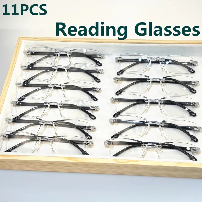 11pcs Vintage Style Reading Glasses Rectangular Rimless Frame Anti Blue Light Glass for Farsightedness
11pcs Vintage Style Reading Glasses Rectangular Rimless Frame Anti Blue Light Glass for Farsightedness