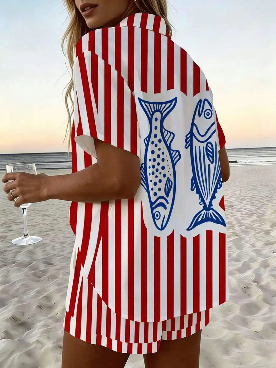 Womens Red White Striped Fish Print Loose Shirt And Shorts Set Casual Vacation Outfit
Womens Red White Striped Fish Print Loose Shirt And Shorts Set Casual Vacation Outfit