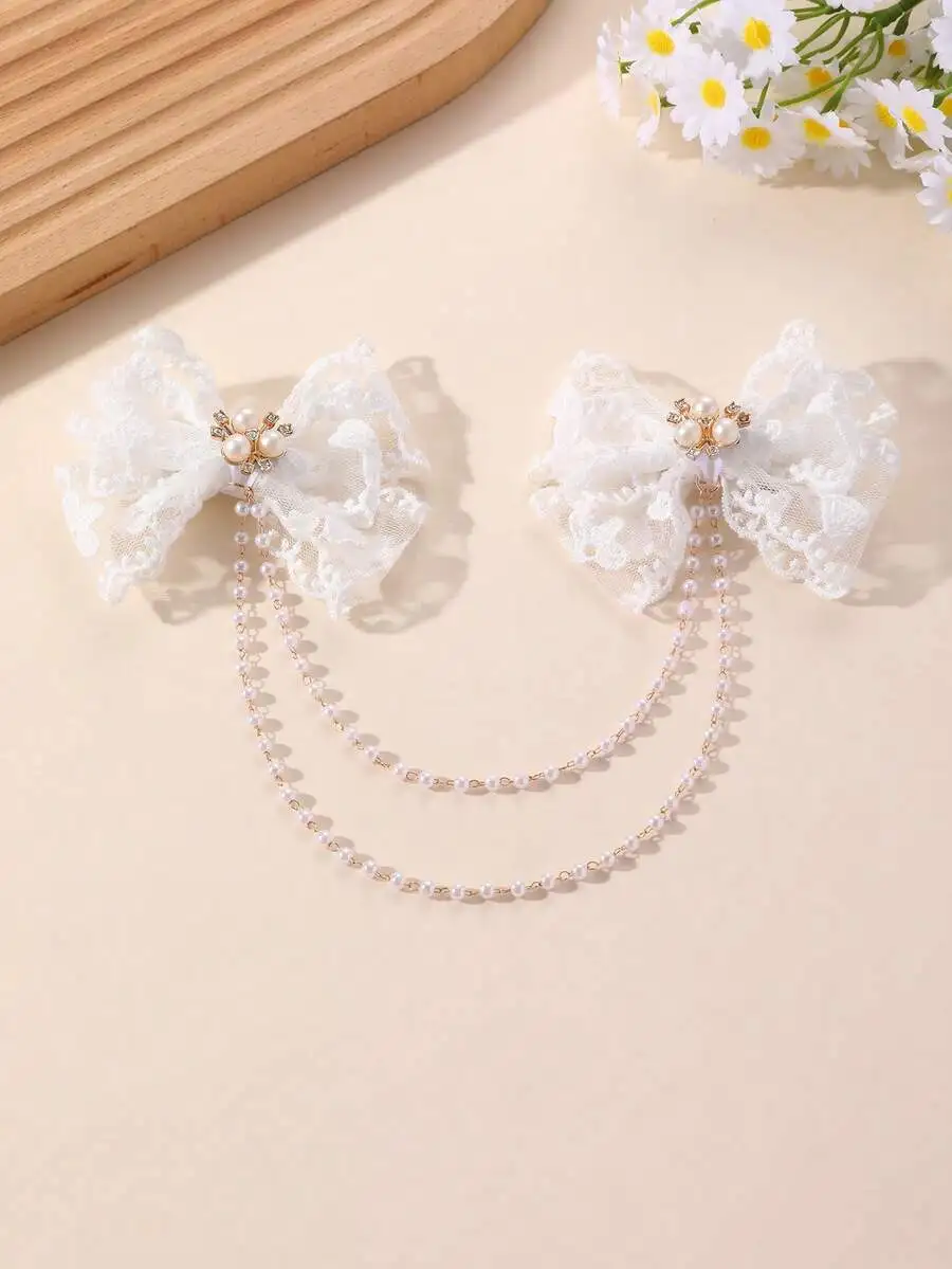 2pcs White Lace Bow Hair Clips With Pearl Chain For Women Daily Party Festival
2pcs White Lace Bow Hair Clips With Pearl Chain For Women Daily Party Festival