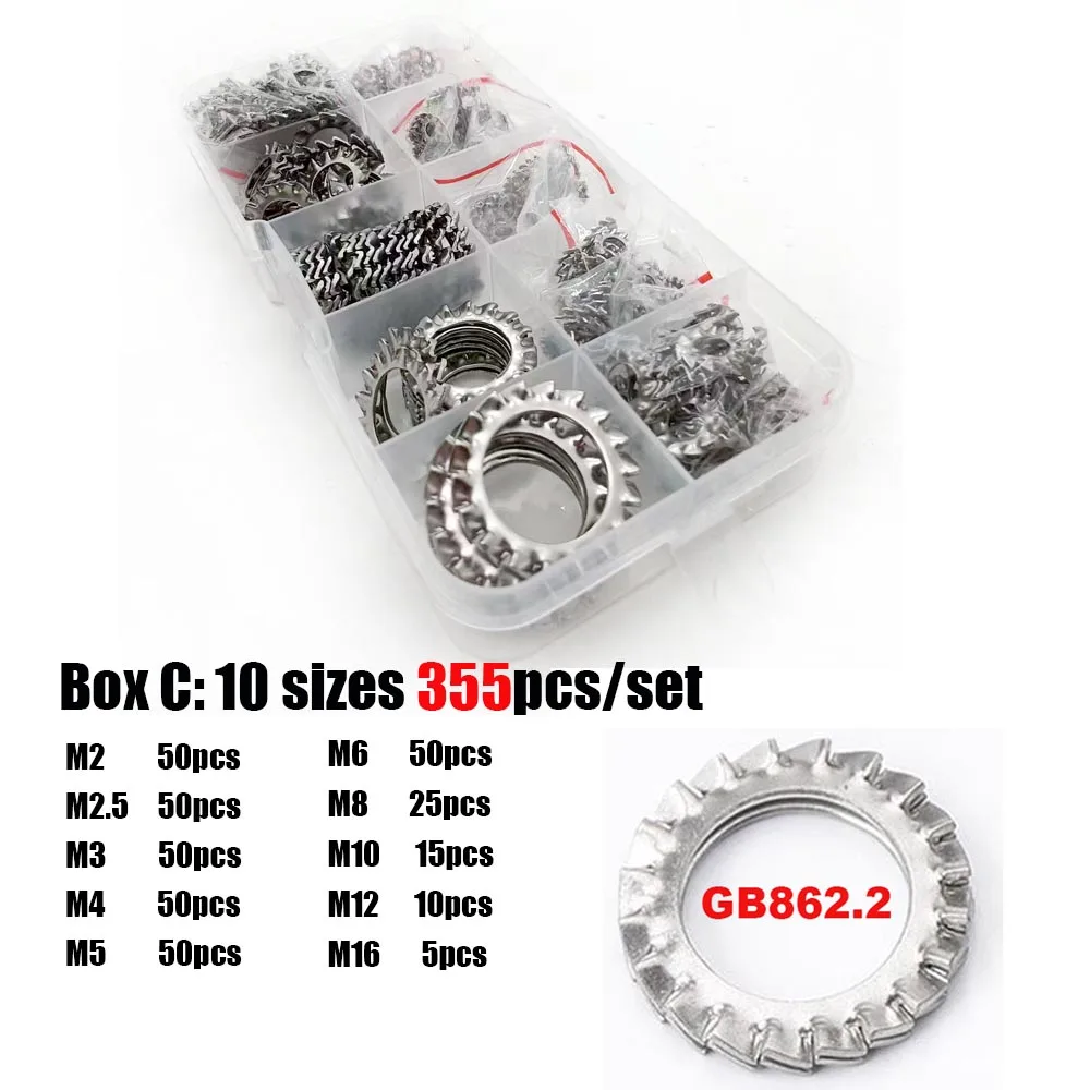 315/355 шт./компл. M2 M2,5 до M16 из нержавеющей стали 304, внешняя внутренняя зубчатая зубчатая стопорная шайба, набор прокладок, коробка 
315/355 шт./компл. M2 M2,5 до M16 из нержавеющей стали 304, внешняя внутренняя зубчатая зубчатая стопорная шайба, набор прокладок, коробка