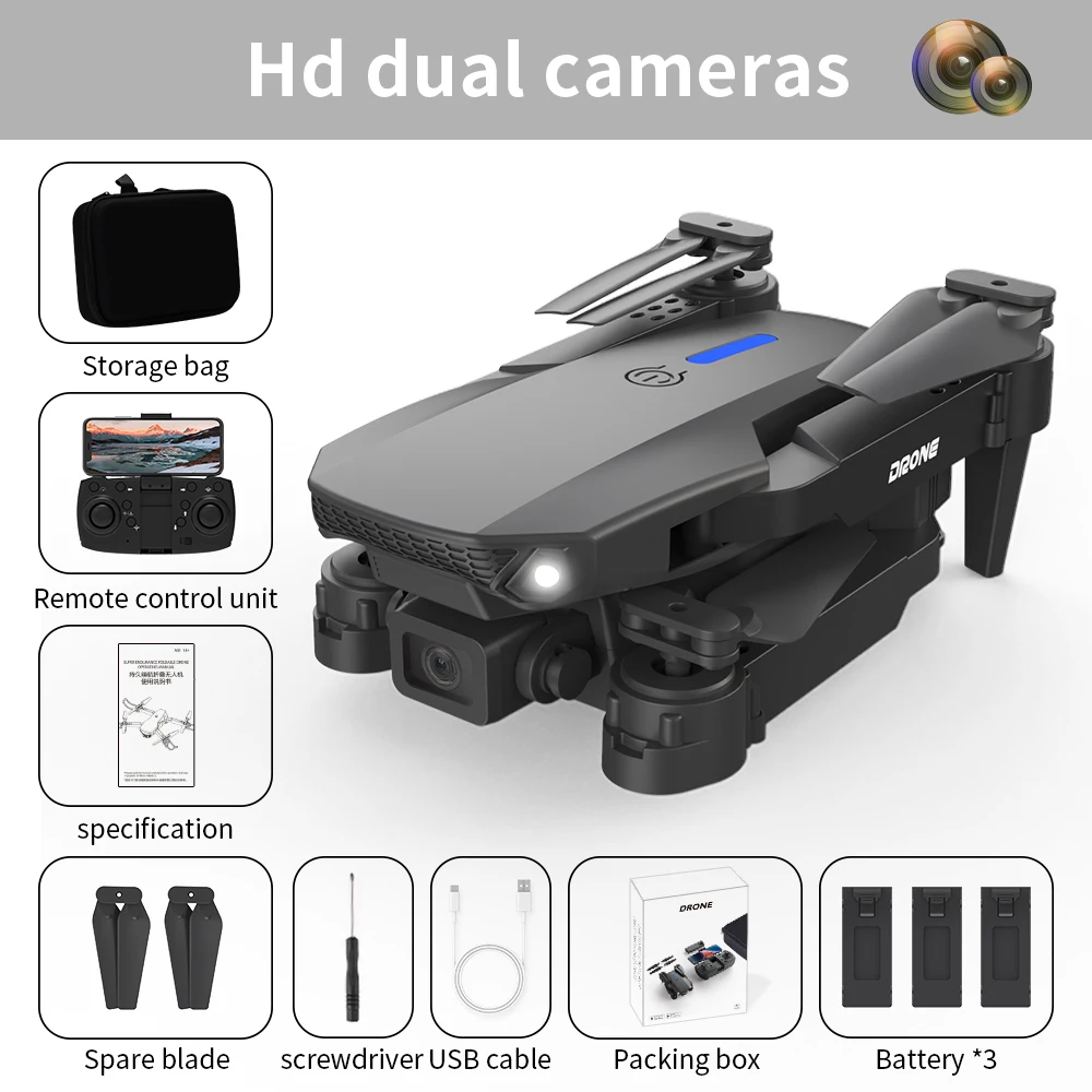 E88 Drone HD 4k Dual Camera 8K Mini WIFI Aerial Photography Foldable Quadcopter Toys Professional Wide Angle RC Dron Gifts
E88 Drone HD 4k Dual Camera 8K Mini WIFI Aerial Photography Foldable Quadcopter Toys Professional Wide Angle RC Dron Gifts