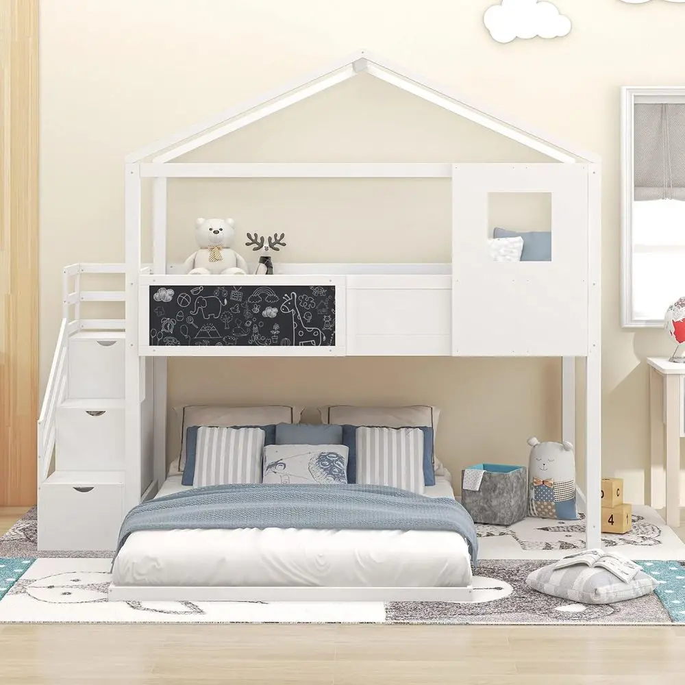 L-Shape Twin Over Full Bunk Bed with Storage Stairs, Blackboard, and Playhouse - White
L-Shape Twin Over Full Bunk Bed with Storage Stairs, Blackboard, and Playhouse - White