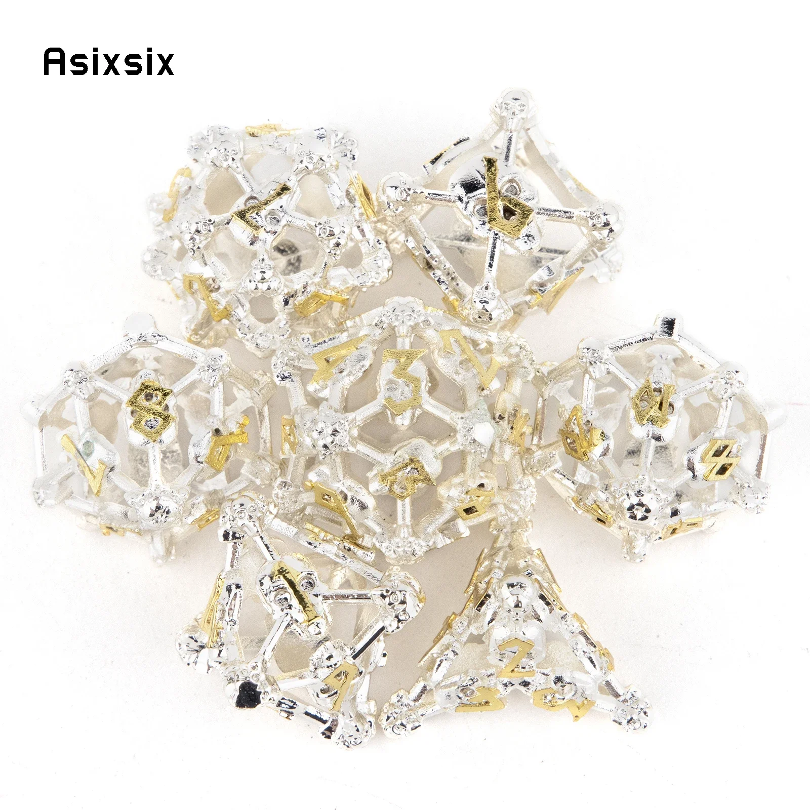 7 Pcs White Golden Skull Head Metal Dice Hollow Metal Polyhedral Dice Set Suitable for Role-Playing RPG Board Game Card Game
7 Pcs White Golden Skull Head Metal Dice Hollow Metal Polyhedral Dice Set Suitable for Role-Playing RPG Board Game Card Game