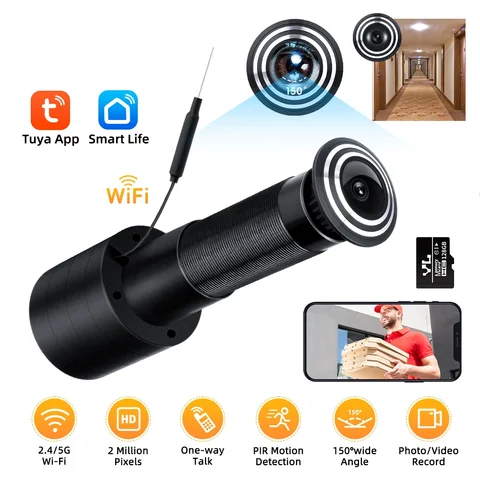 Wsdcam Tuya Smart Video Peephole Camera 150° Motion Detection Door Viewer Wireless One Way Talk Camera Support 2.4G/5G Wifi