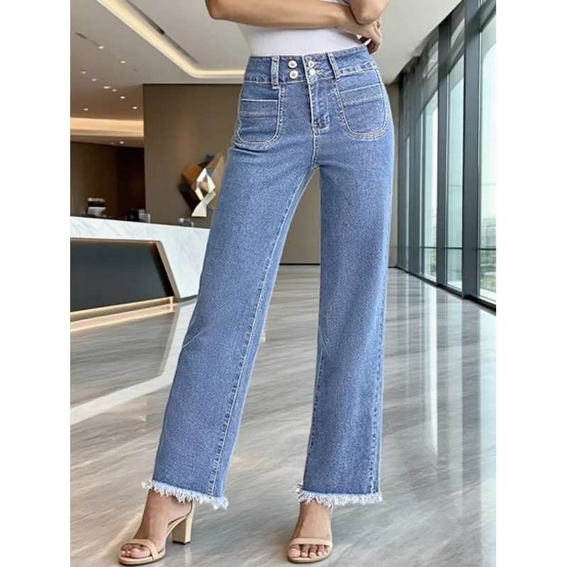 Women High Waist Multi Buttons Jeans All-matched Straight Leg Jeans Light Blue Raw Hem Casual Commuter Daily Denim Pants
Women High Waist Multi Buttons Jeans All-matched Straight Leg Jeans Light Blue Raw Hem Casual Commuter Daily Denim Pants
