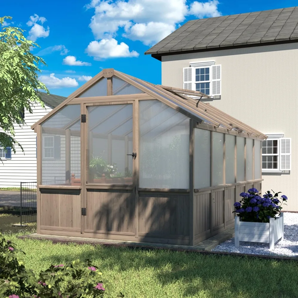 8x12 FT Greenhouse Kit with 6MM Thick Polycarbonate Panel for Outdoor, Wooden Walk-in Green House with Adjustable Roof Vent and
8x12 FT Greenhouse Kit with 6MM Thick Polycarbonate Panel for Outdoor, Wooden Walk-in Green House with Adjustable Roof Vent and