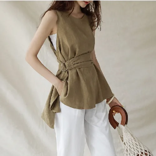 Blouse Women Summer 2024 New Office Lady Sleeveless Belt Cotton Linen Solid Knitted O-Neck Blusas Womens Tops And Blouses
Blouse Women Summer 2024 New Office Lady Sleeveless Belt Cotton Linen Solid Knitted O-Neck Blusas Womens Tops And Blouses