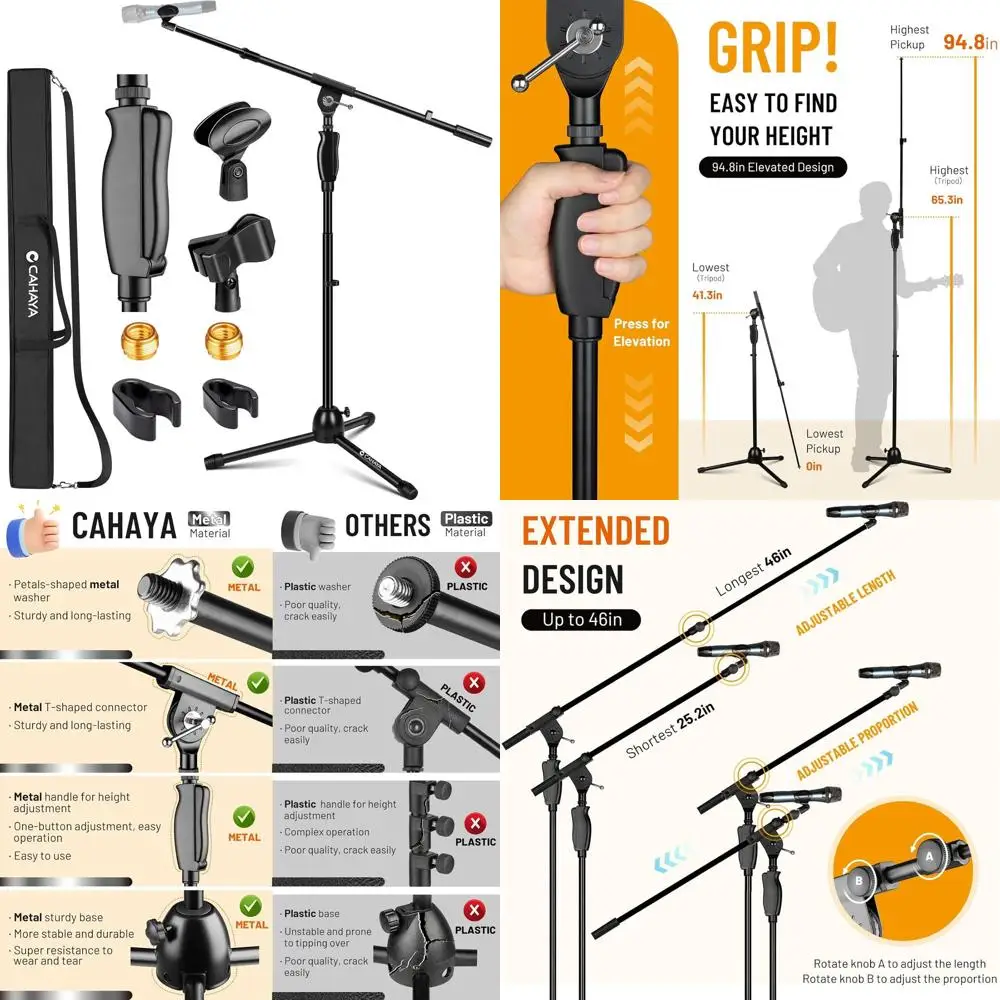 Portable Boom Arm Microphone Stand with One-Touch Release, Carry Bag, and 2 Mic Clips for Stage Performances and Events
Portable Boom Arm Microphone Stand with One-Touch Release, Carry Bag, and 2 Mic Clips for Stage Performances and Events
