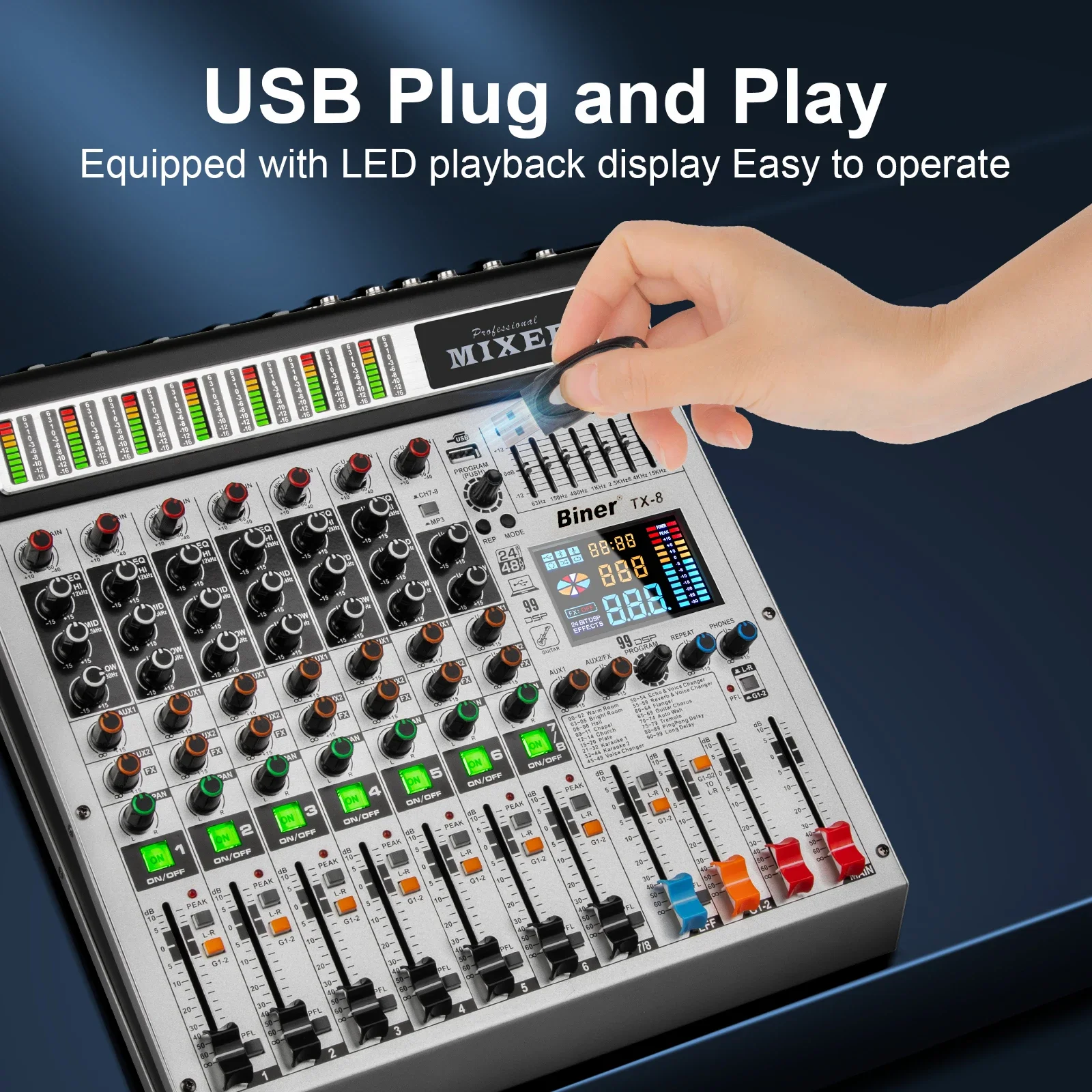 TX-8 Профессиональный 8-канальный DJ-контроллер USB-аудиомикшер Металлическая гитарная аудиомикшерная консоль
TX-8 Профессиональный 8-канальный DJ-контроллер USB-аудиомикшер Металлическая гитарная аудиомикшерная консоль