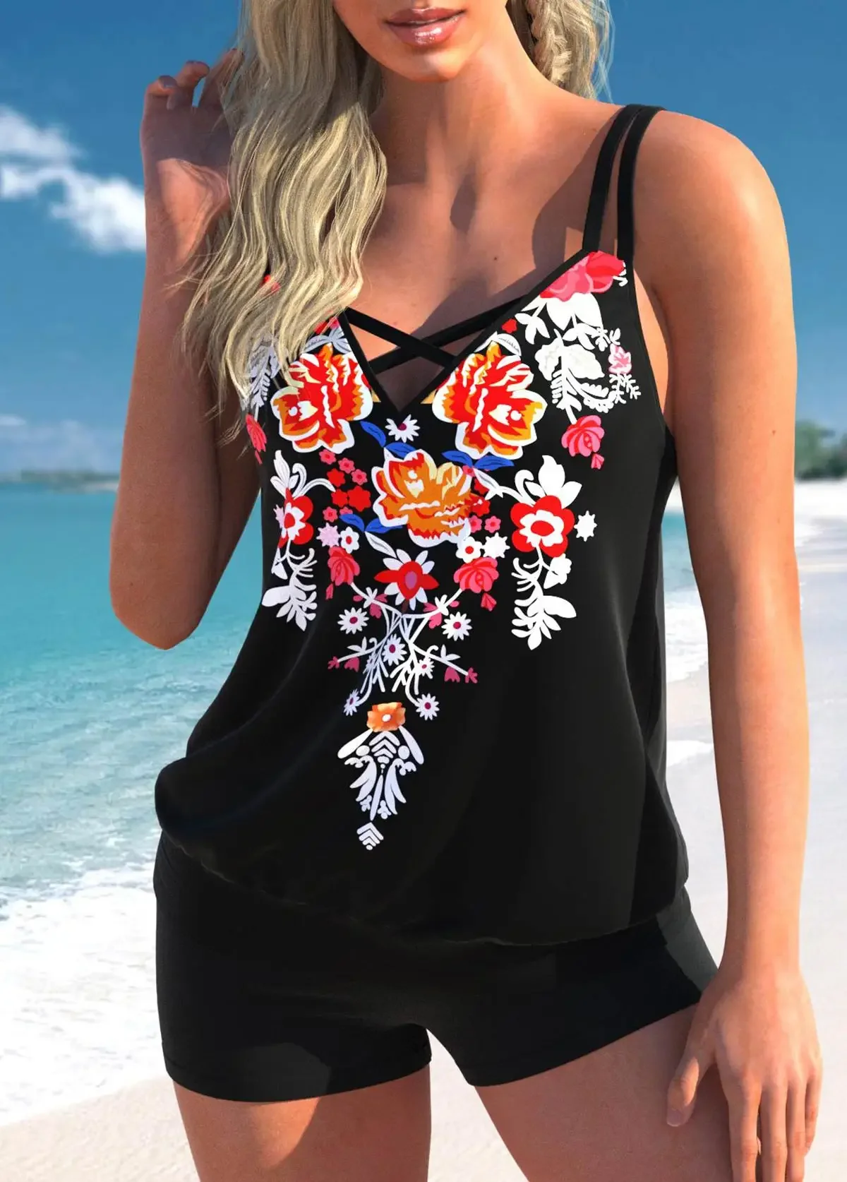 Women's Summer Vacation Tankini Set - High Stretch Crew Neck Swimsuit with Random Print, Knit Fabric 2 Piece Tropical Bikini
Women's Summer Vacation Tankini Set - High Stretch Crew Neck Swimsuit with Random Print, Knit Fabric 2 Piece Tropical Bikini