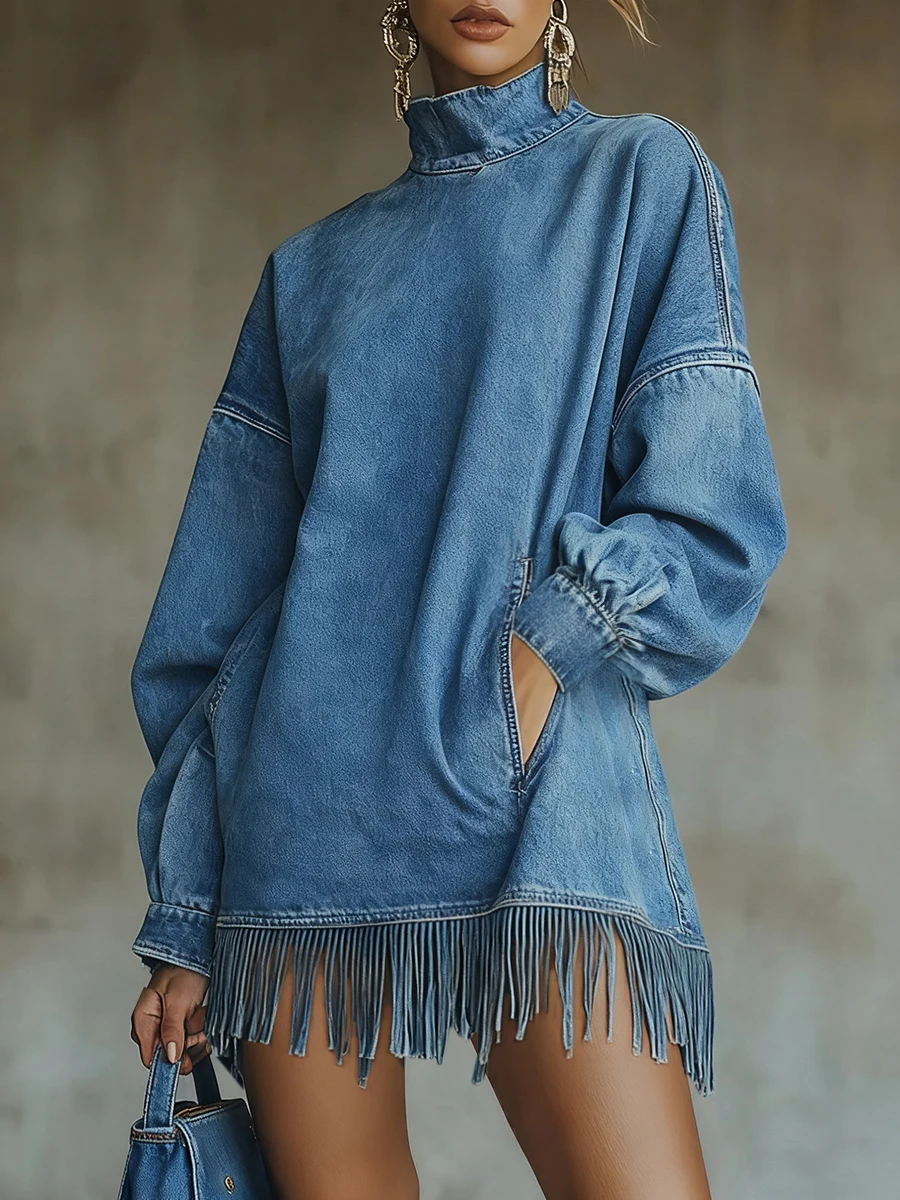 Denim Vintage Dresses Women Half High Collar Solid Color Tassel Hem Dress Fashion Long Sleeve Pocket Loose Sweatshirt Dress
Denim Vintage Dresses Women Half High Collar Solid Color Tassel Hem Dress Fashion Long Sleeve Pocket Loose Sweatshirt Dress