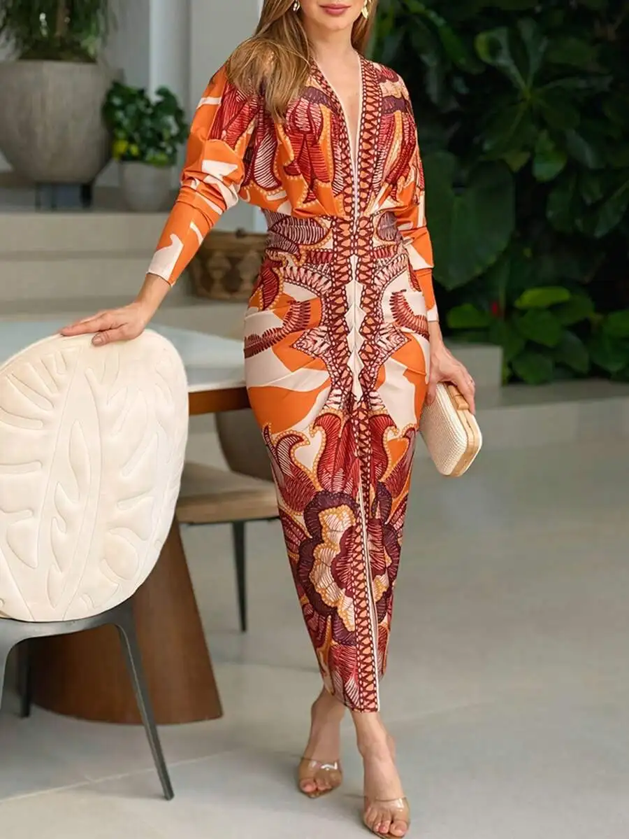 Vintage Baroque Print V-Neck Long Sleeve Ruffle Slit Dress For Women Office Party Holiday
Vintage Baroque Print V-Neck Long Sleeve Ruffle Slit Dress For Women Office Party Holiday