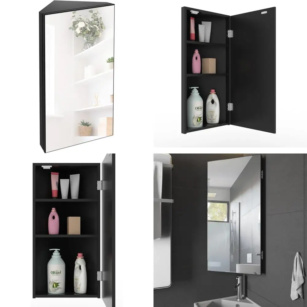 24 Inch Corner Medicine Cabinet with Mirror and Triple Hanging Shelves - Black Wall Mount Bathroom Storage
24 Inch Corner Medicine Cabinet with Mirror and Triple Hanging Shelves - Black Wall Mount Bathroom Storage